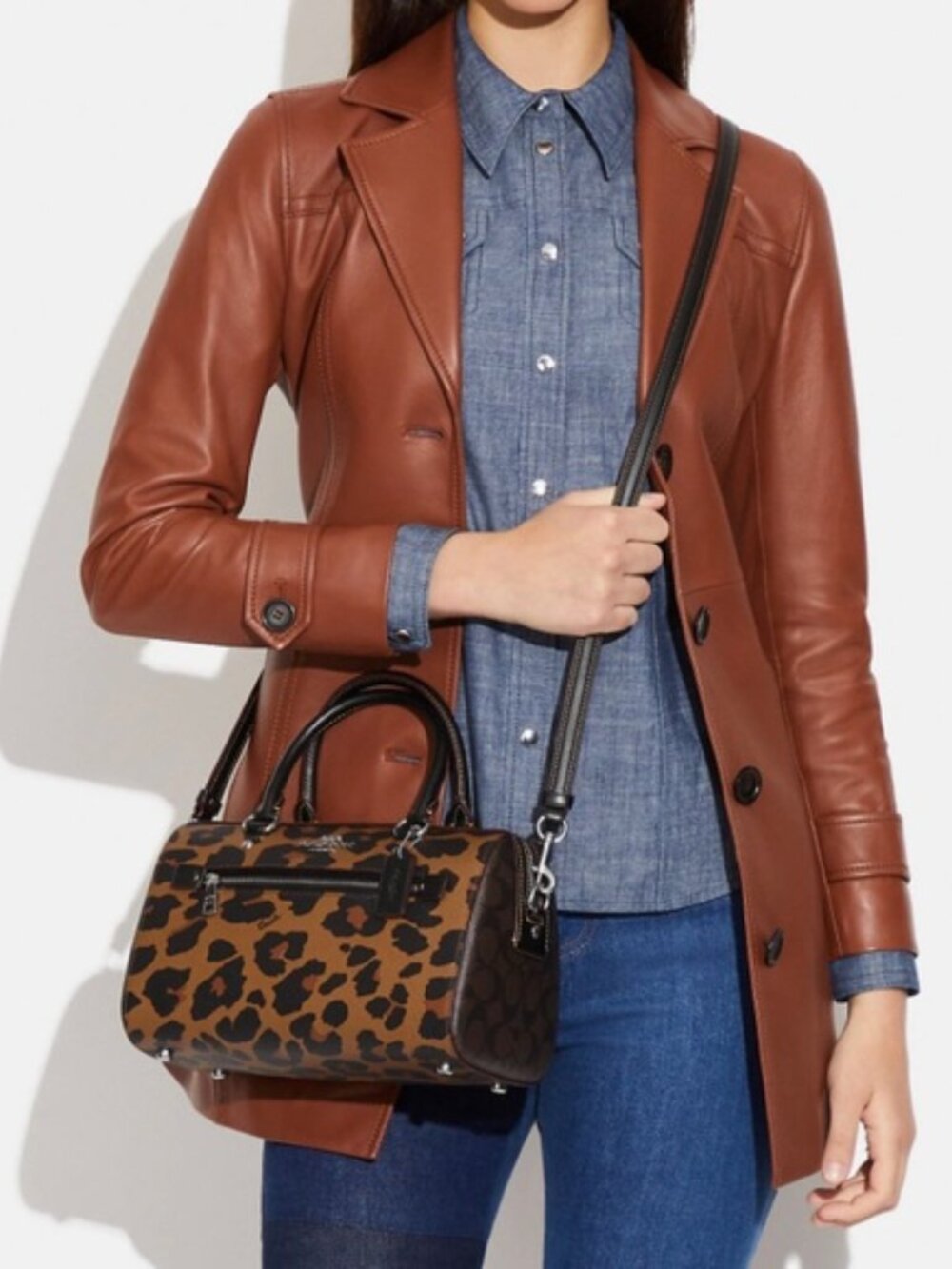 NWT💃Coach Rowan Satchel In Signature Canvas With Leopard Print